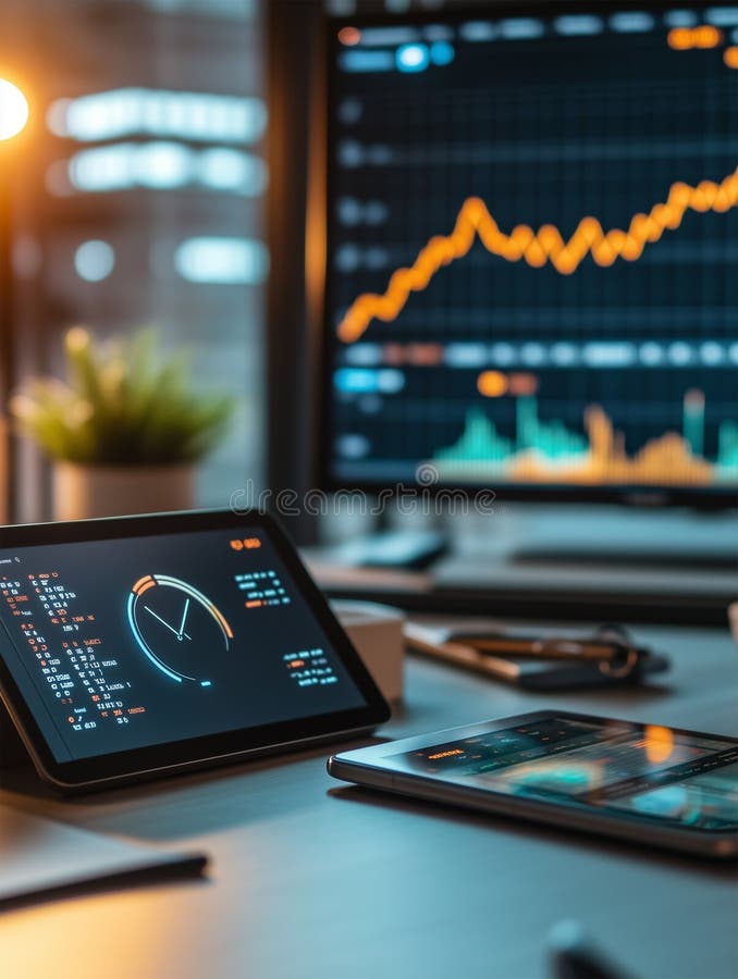 High-angle view of modern corporate office workspace at dusk with data analytics displays stock photo