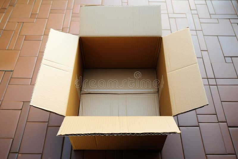 High angle view Open cardboard box on floor background, ready for use royalty free illustration