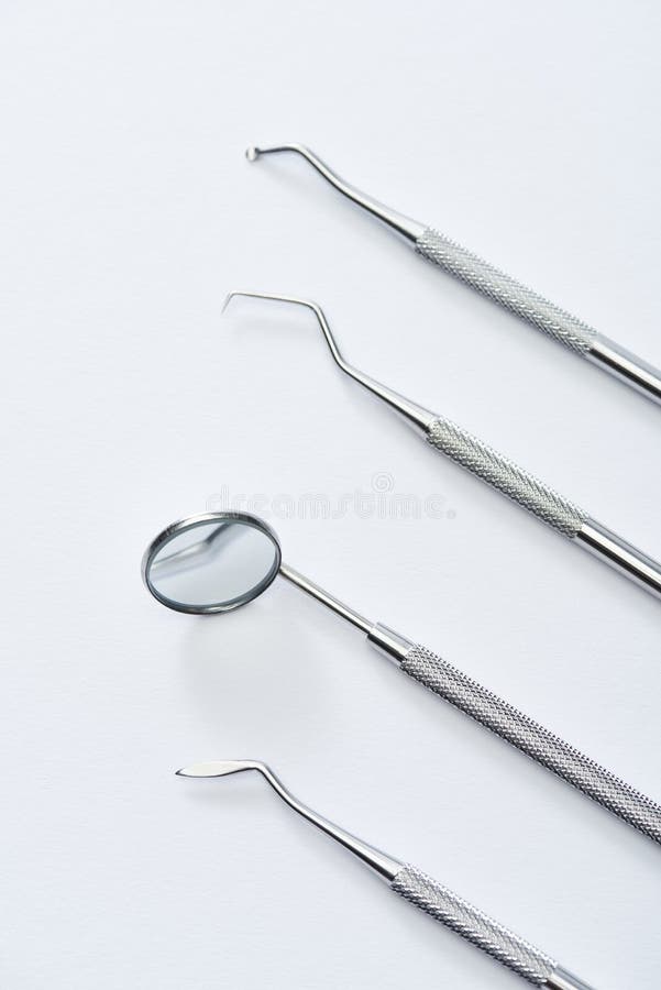 High Angle View of Professional Dental Examination Instruments Stock
