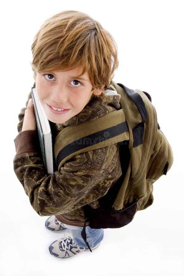 High angle view of school boy looking at camera