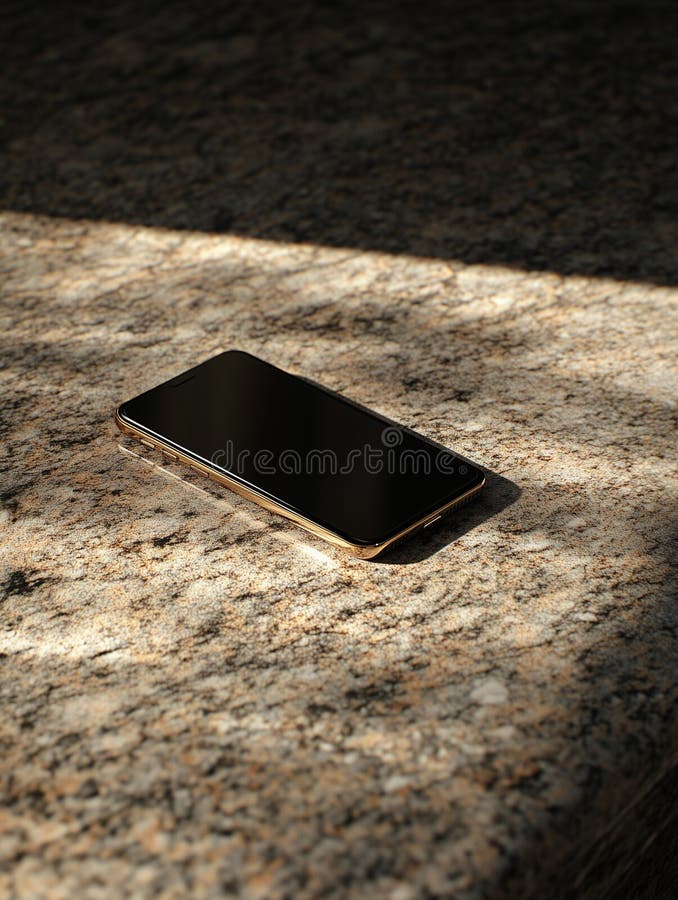 High-angle view of a smartphone resting on a textured surface illuminated by natural light stock images