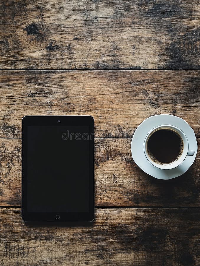 High-angle view of a tablet and coffee cup on a rustic wooden table in a cozy setting royalty free stock photo