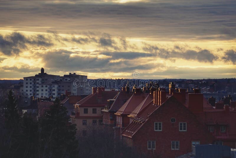 High angle view of townscape against sky at sunset stock photo