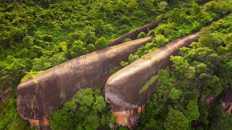 High angle view from unmanned aircraft.  Popular tourist attraction. Three whale stones. Bird eye view shot of three whales rock in Phu Sing Country park in Bungkarn, Thailand. High angle view from unmanned aircraft.  Popular tourist attraction. Three whale stones. Bird eye view shot of three whales rock in Phu Sing Country park in Bungkarn, Thailand.