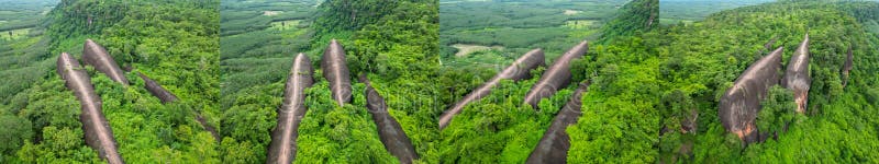 High angle view from unmanned aircraft. Three whale stones. Bird eye view shot of three whales rock in Phu Sing Country park in Bungkarn, Thailand, Asia