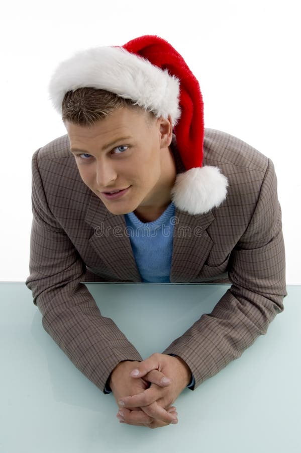 High angle view of young man with christmas hat