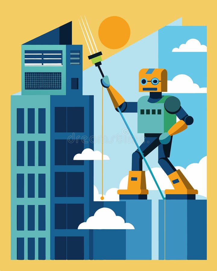 High atop a skyscraper an intricate solarpowered robot delicately cleans the buildings windows utilizing suction royalty free illustration
