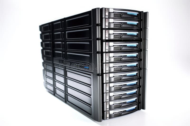 A high-capacity tower server with multiple hard drives stock images