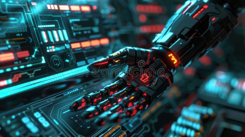 Futuristic Tech Innovation Moodboard with Robotics and Interactive UI Designs stock photos