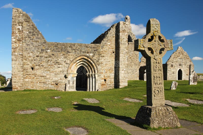 High Cross of the scriptures and cathedral. Clonmacnoise. Ireland