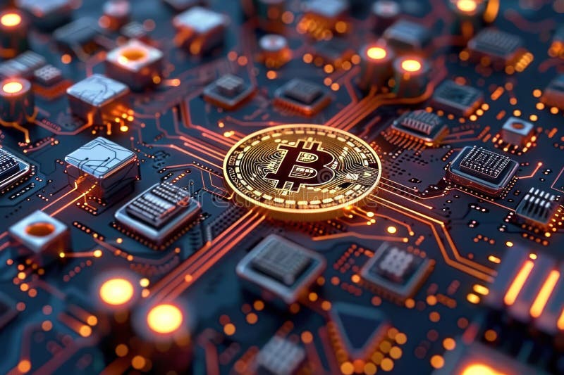 High Definition Bitcoin Cryptocurrency Concept on Digital Circuit Board for FinTech stock illustration