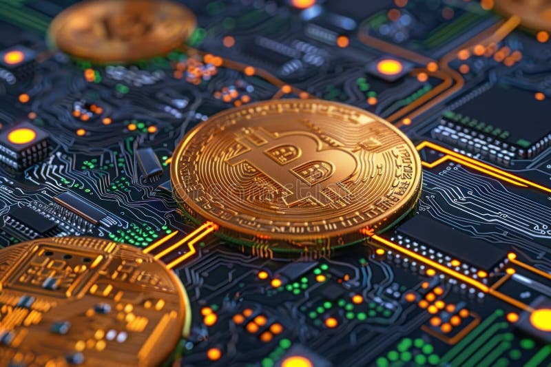 High Definition Bitcoin Cryptocurrency Concept on Digital Circuit Board for Fintech Innovation royalty free illustration