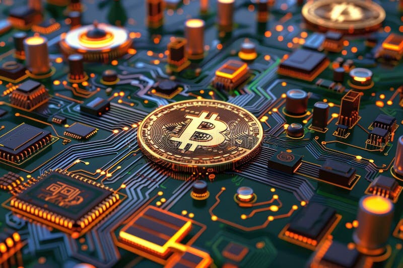 High Definition Bitcoin Cryptocurrency Concept on Digital Circuit Board for Fintech Innovation royalty free illustration