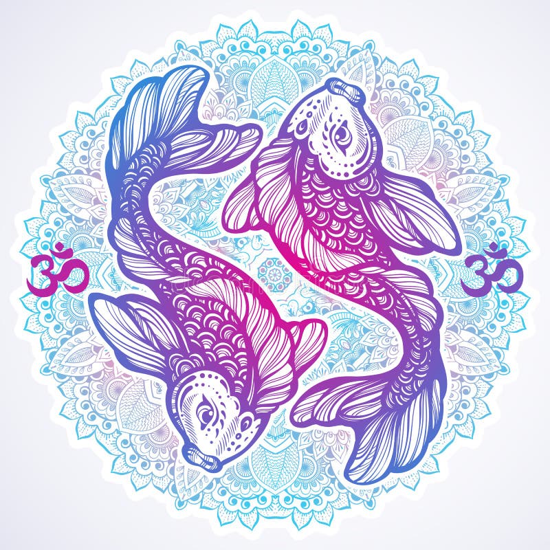 High-detailed beautiful illustration of Koi carp fish on Mandala round pattern.Hand-drawn vector line art isolated. Tattoo art. vector illustration High-detailed beautiful illustration of Koi carp fish on Mandala round pattern.Hand-drawn vector line art isolated. Tattoo art. vector illustration