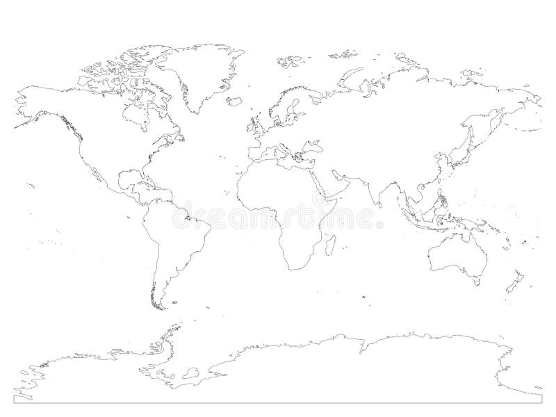 High Detailed Outline Of World Map With Antarctica Simple Thin Black