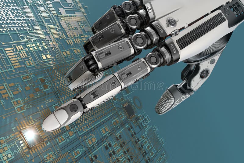 High detailed robotic hand touching digital circuit board with index finge stock illustration