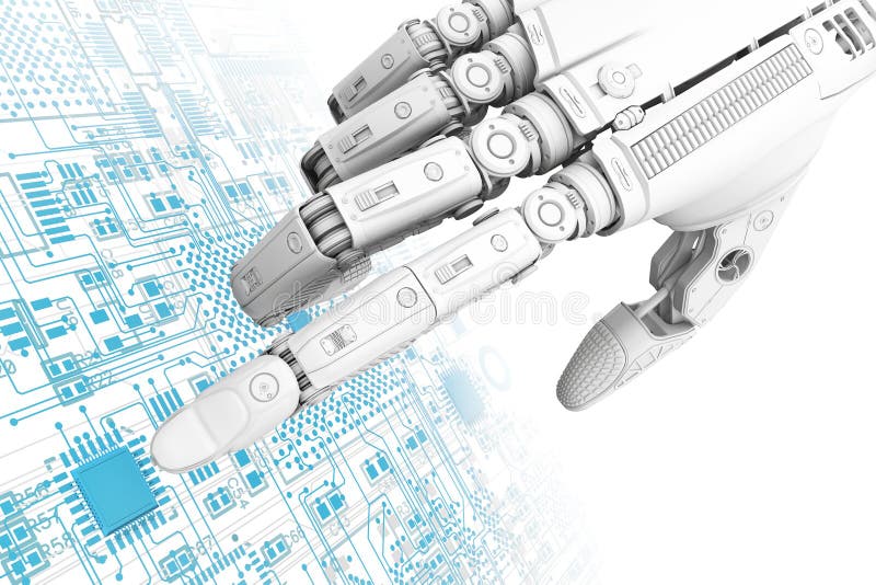 High detailed robotic hand touching digital circuit board with index finge royalty free illustration