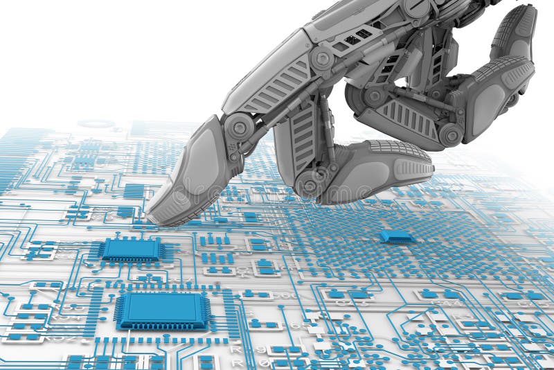High detailed robotic hand touching digital circuit board with index finge royalty free illustration
