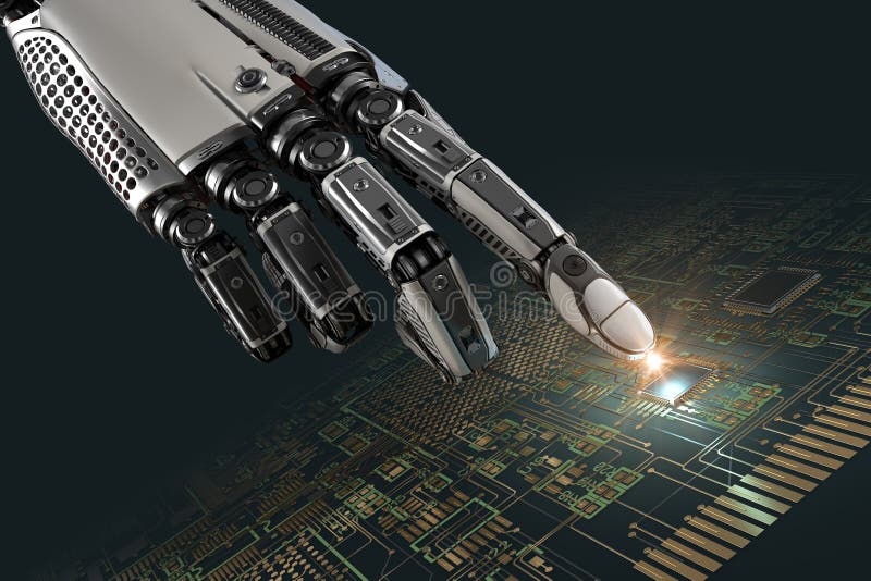 High detailed robotic hand touching digital circuit board with index finge stock illustration