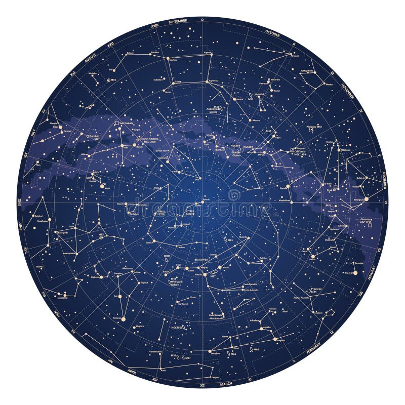 High detailed sky map of Northern hemisphere with names of stars