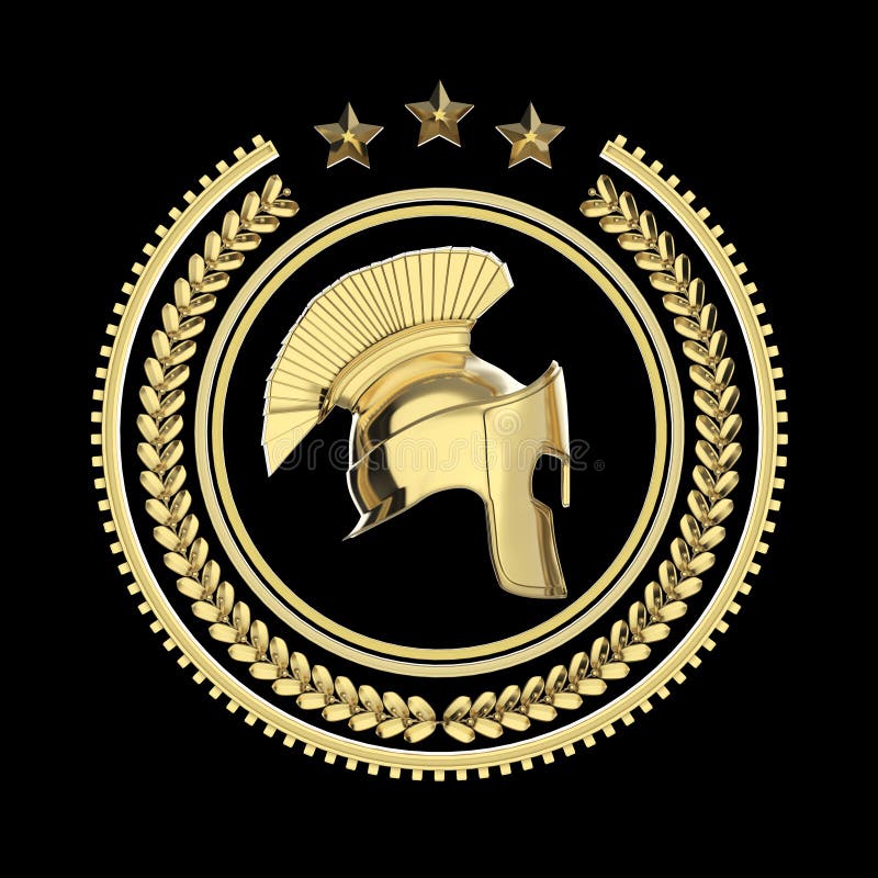 High detailed spartan, roman, greek helmet in laurel wreath badge with rings and stars. sports military fighting icon, rendering