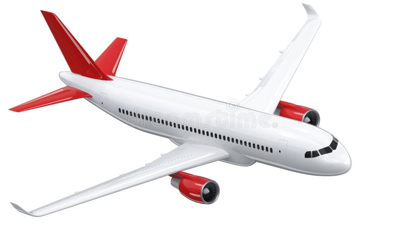 High detailed white airliner with a red tail wing, 3d render on a white background. Airplane makes a turn, isolated 3d