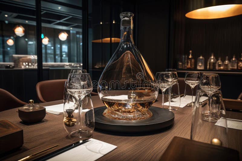 Highend Restaurant, with Decanter and Glass Setting the Stage for a Special Wine Tasting