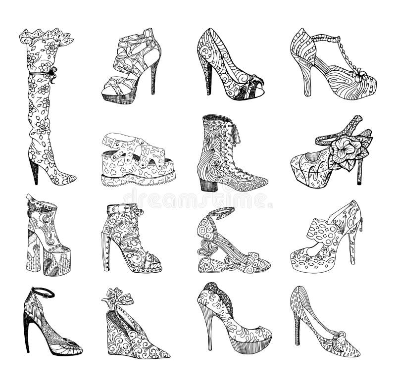 High-heeled shoes for woman. Fashion footwear artwork in blackblack style pattern fill.