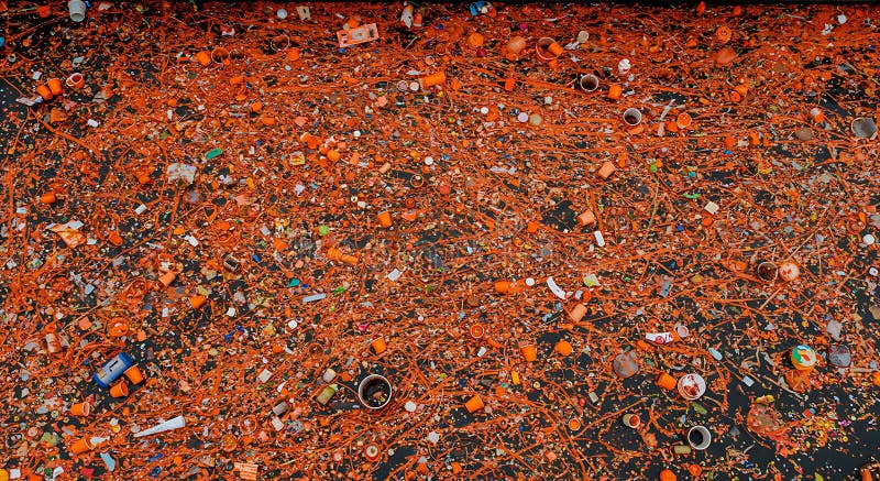 Shocking orange plastic pollution covers the surface stock illustration