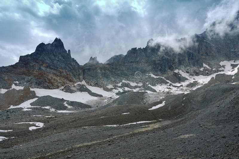 High Mountain Range Landscape With Rocky Hills River Green Valley And