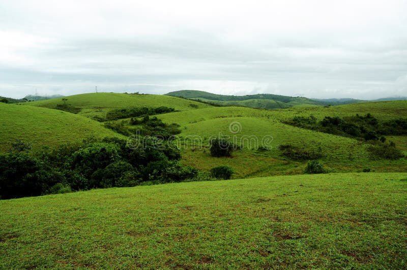 The high mountains tropical forest with clouds passing in India. stock photography