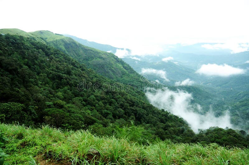The high mountains tropical forest with clouds passing in India. royalty free stock photo
