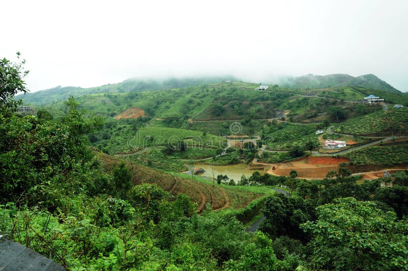 The high mountains tropical forest with clouds passing in India. stock photo