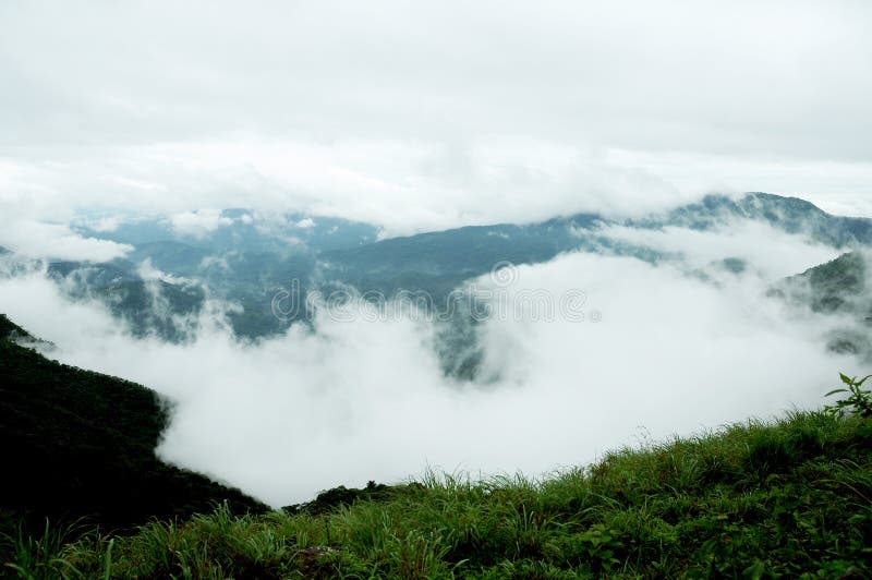 The high mountains tropical forest with clouds passing in India. royalty free stock photography