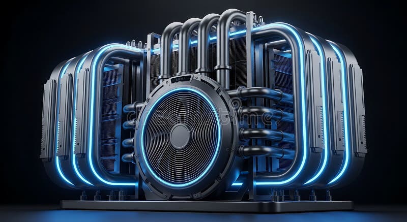 High-Performance Computer Cooling System with Neon Blue Lights vector illustration