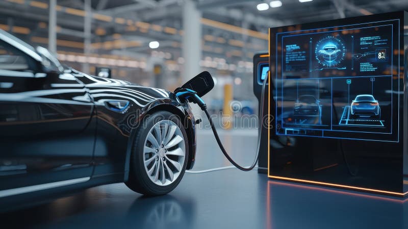 High Performance Electric Car Charging at Fully Automated Station with Advanced Technology Display stock illustration