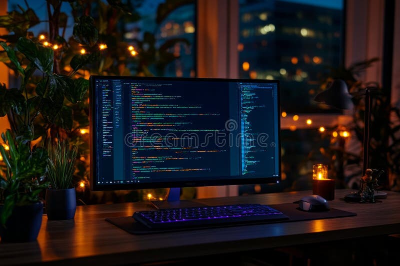 High-performance workspace glows with creativity during nighttime coding session. Generative AI royalty free illustration
