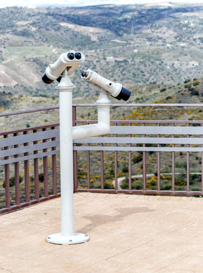 High Powered Binoculars on a Scenic Mountain Lookout. Sierras De Francia  and of Bejar Stock Photo - Image of blue, machine: 179033412