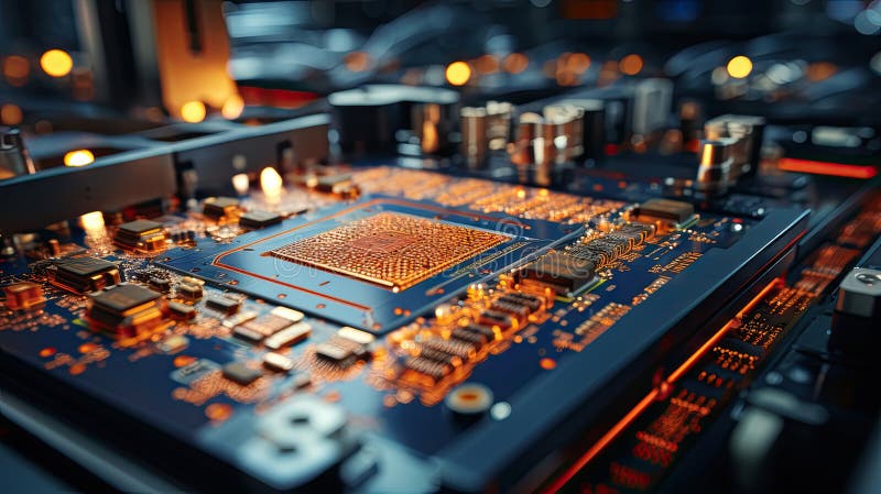 High-Precision Circuit Board with Advanced Components in a Bright Electronics Lab stock illustration