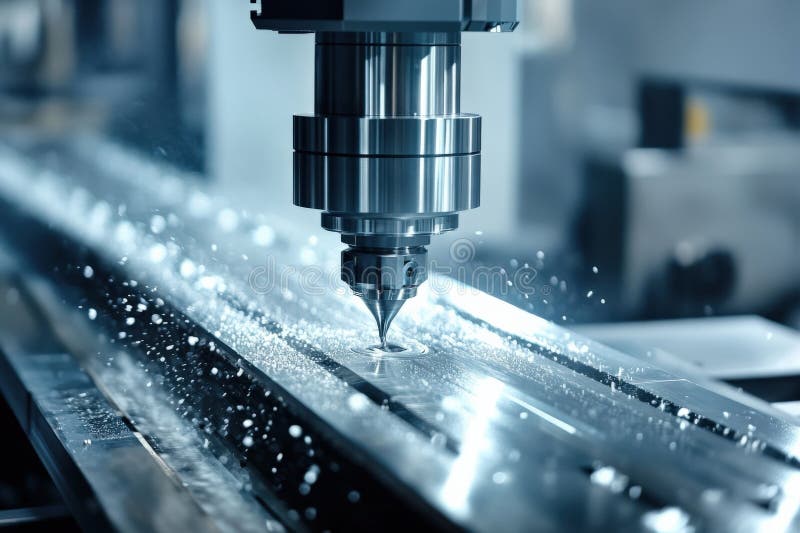High-Precision CNC Milling Machine in Action. Close-up view of a high-precision CNC milling machine in operation. The machine s cutting tool is precisely working on a metal workpiece, demonstrating the high-tech precision and efficiency of modern manufacturing processes. Splashes of coolant are visible, highlighting the machining process