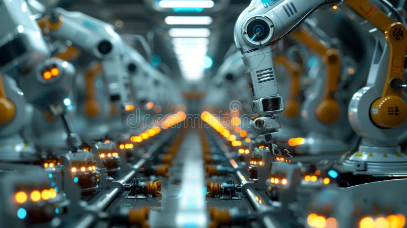 High Precision Robot Arms at Bright Electronics Factory. royalty free illustration