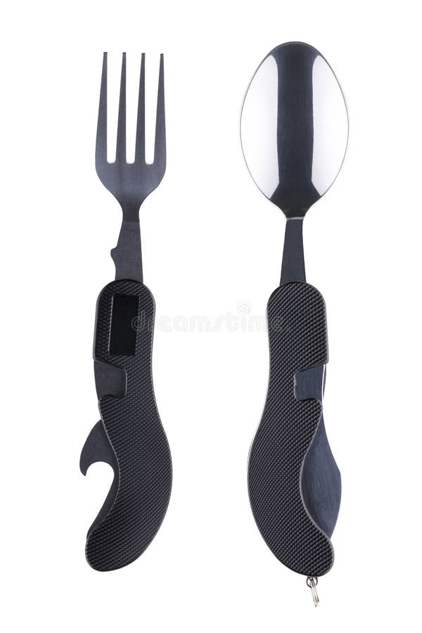 High Quality Black Eating Utensil Multitool Unfolded Stock Image