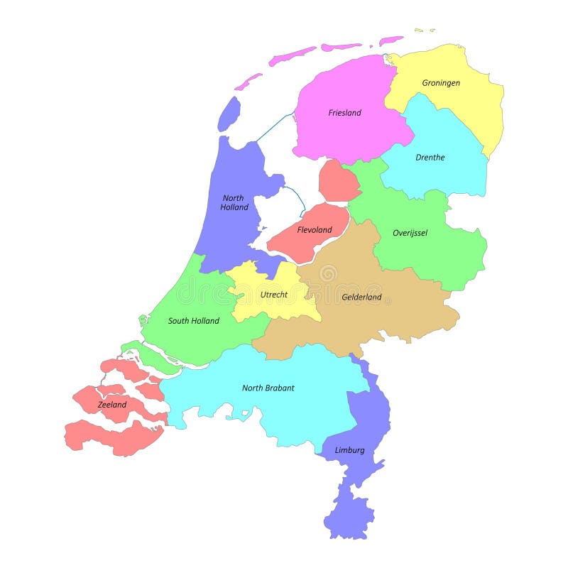 High quality colorful labeled map of Netherlands with borders stock illustration