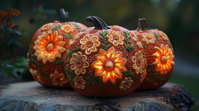 Artistic halloween pumpkins with detailed carvings and patterns, perfect for festive decor royalty free stock photos