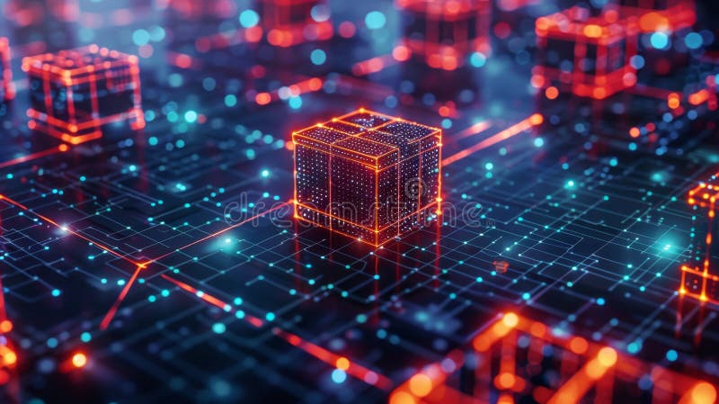 Connected blocks on screen represent blockchain tech, highlighting decentralized network and safe data storage concept stock images