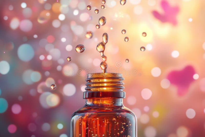 Vibrant oil droplets cascading into a bottle, representing a natural oil cleanser in a beauty concept setting stock photos