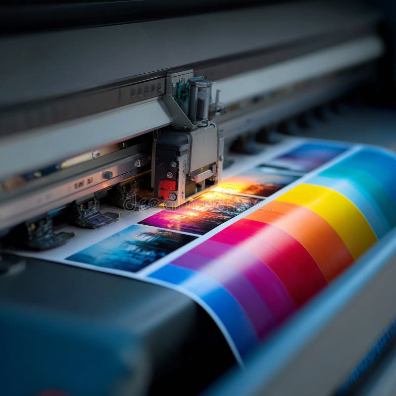 High-Quality Inkjet Printing Process with Vibrant Color Samples Coming Off the Printer in a Modern Workshop Setting royalty free stock images