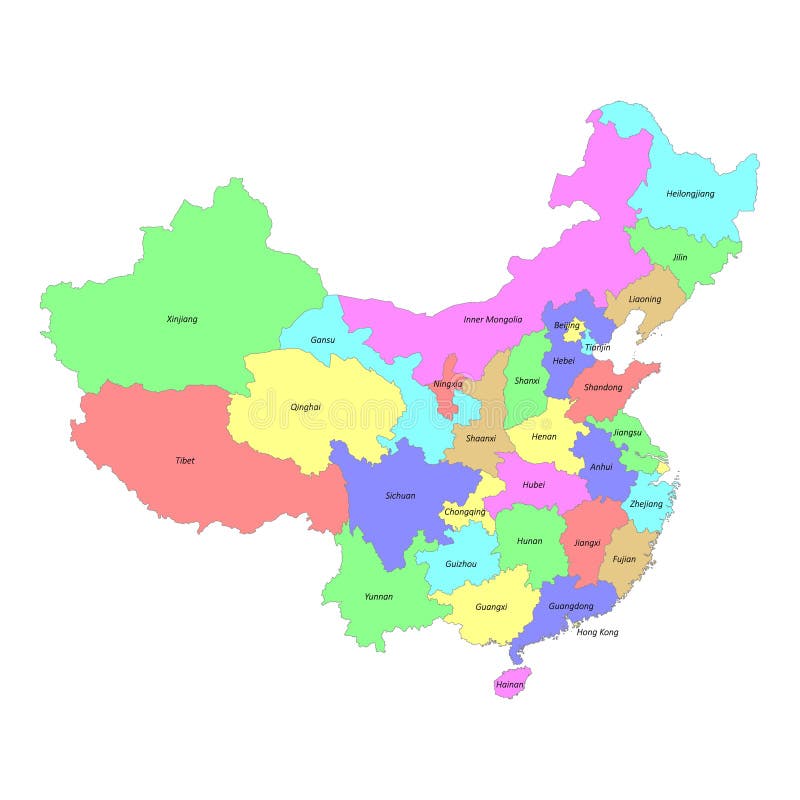 High quality labeled map of China with borders of the regions vector illustration