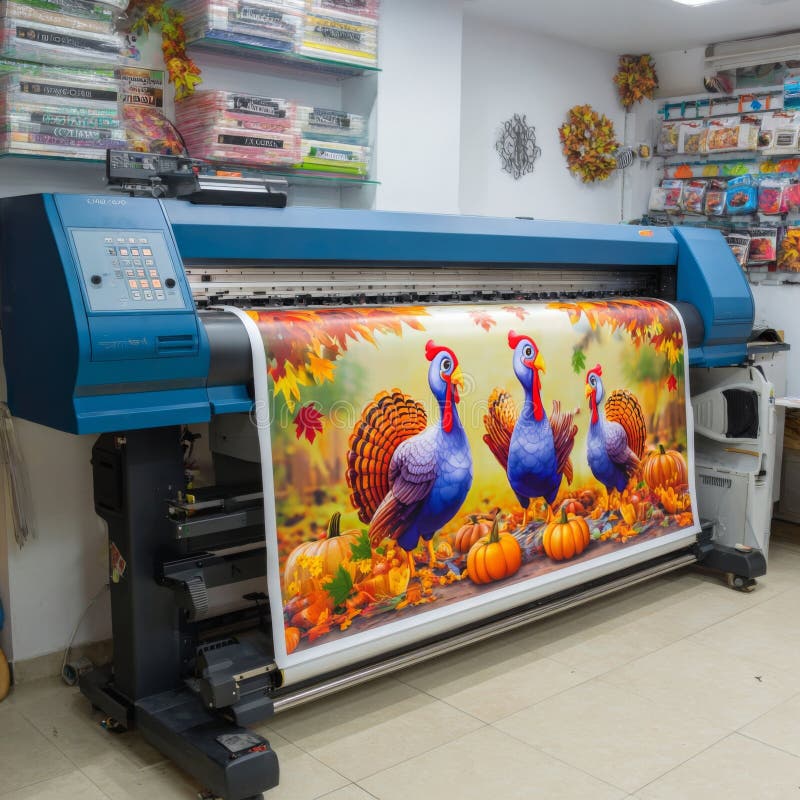 High-Quality Large Format Printer in a Creative Space Printing Vibrant Thanksgiving Turkey Artwork with Autumn Elements stock photos