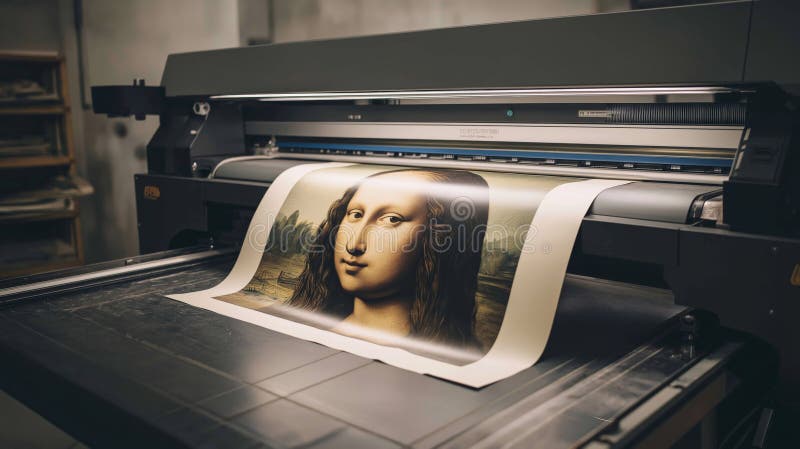 High-Quality Printer Producing a Vibrant Reproduction of a Classic Masterpiece Artwork in an Art Studio Setting stock image